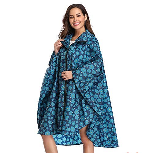 Poncho vélo femme imperméable bleu coupe évasée contre la pluie avec capuche motif fleurs