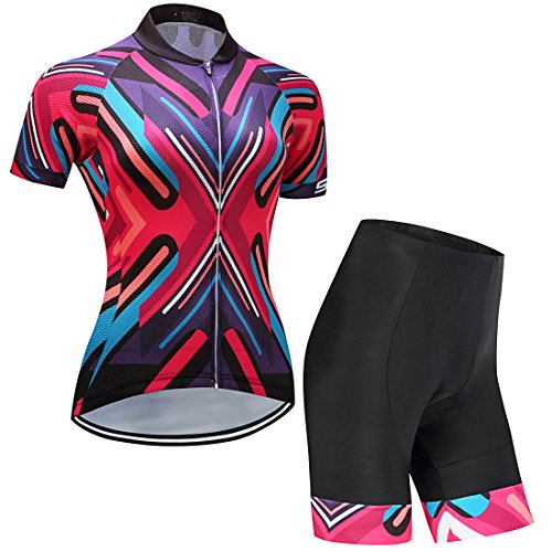 Ensemble maillot vélo manches courtes et cycliste rembourré multicolore et féminin pour femme, imprimé géométrique Gwell