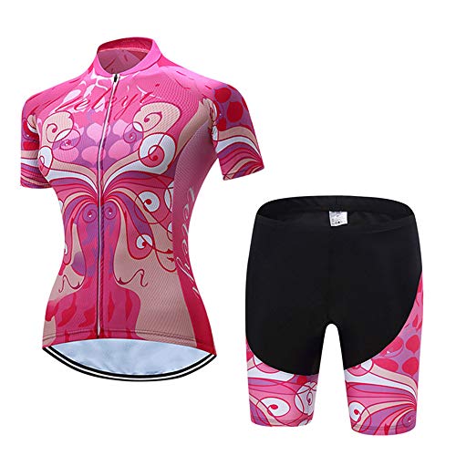 Ensemble maillot vélo manches courtes et cycliste rembourré rose et féminin pour femme