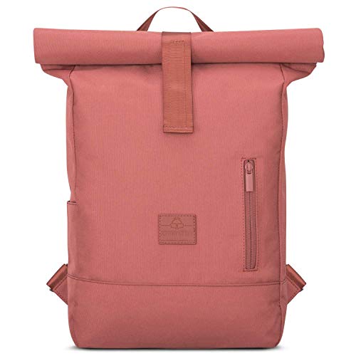 Sac à dos vélo femme Roll up, en plastique recyclé, résistant à l'eau. Rose corail