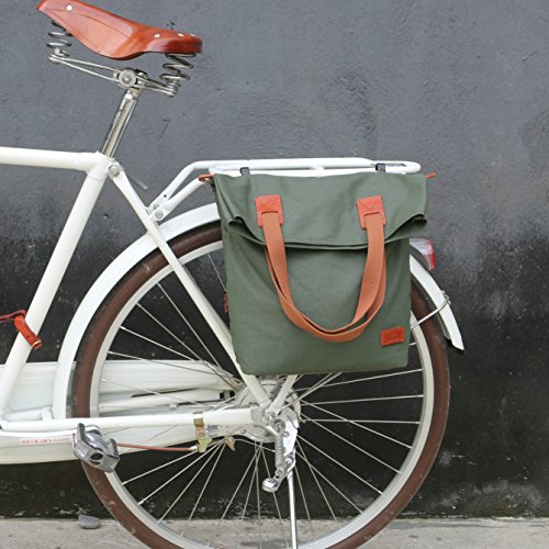 Sacoche vélo femme Tourbon à clipser sur le porte bagage-arrière en cuir et toile imperméable de style vintage kaki