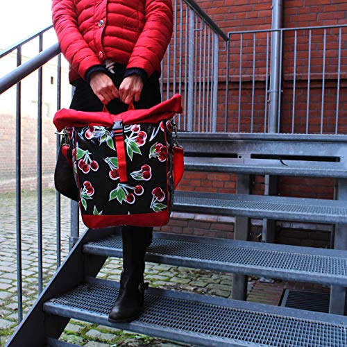Sacoche Vélo femme pour porte-bagage signée Ukiri en tissu vinyl imperméable imprimés cerises