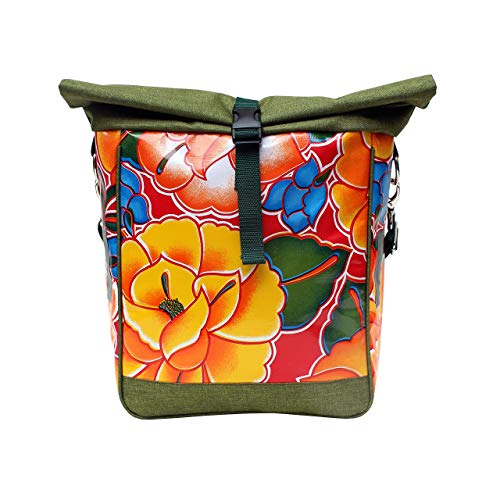 Sacoche Vélo femme pour porte-bagage signée Ukiri en tissu vinyl imperméable imprimés fleurs multicolores