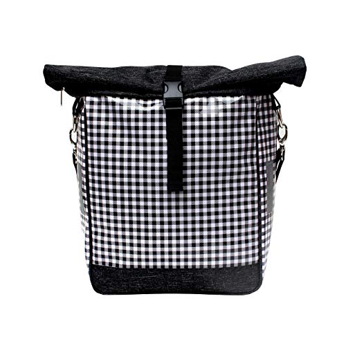 Sacoche Vélo femme pour porte-bagage signée Ukiri en tissu vinyl imperméable imprimé vichy noir et blanc