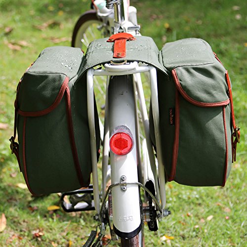 Sacoches vélo femme doubles style vintage en toile verte et cuir marron Tourbon amovibles Large capacité 37 litres fois 2