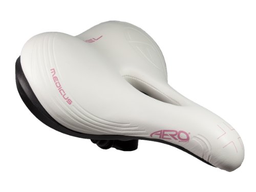 Selle vélo VTT femme blanche et rose Aero Sport, avec rembourrage gel et ouverture ergonomique pour soulager les chocs sur le périnée